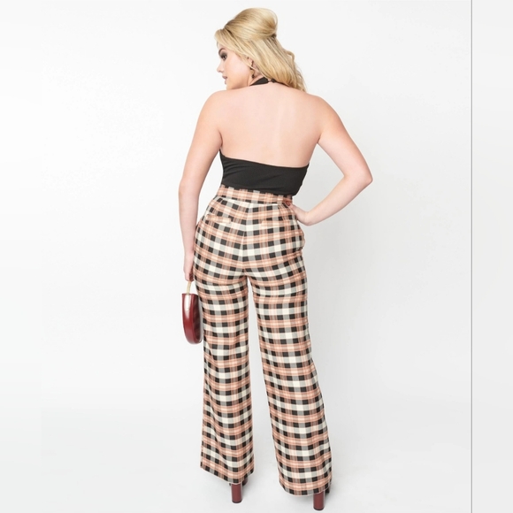 Unique Vintage Black and Tan Plaid Sailor Pants - Picture 3 of 5